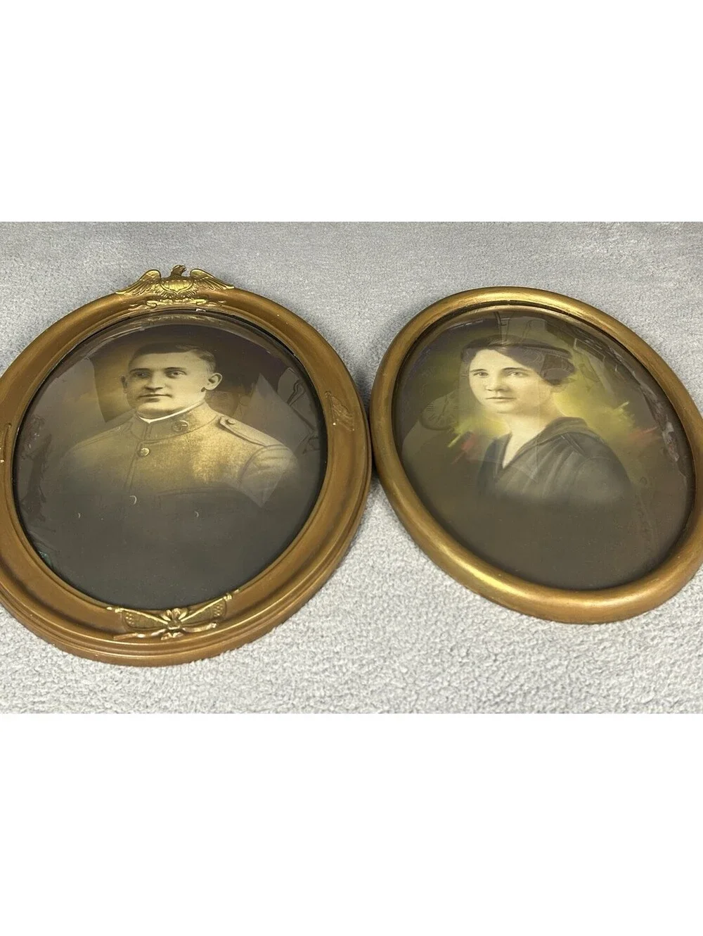 Antique WWI Soldier & Wife Pair Oval Convex Bubble Glass Portrait Frames